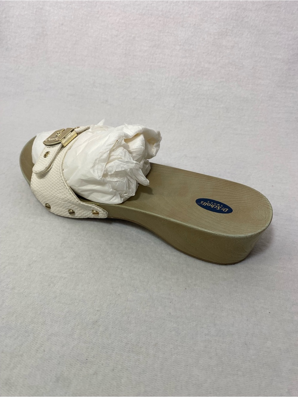 DR. SCHOLLS Classic Off White Textured Leather Faux Wood Sandals Size 7M